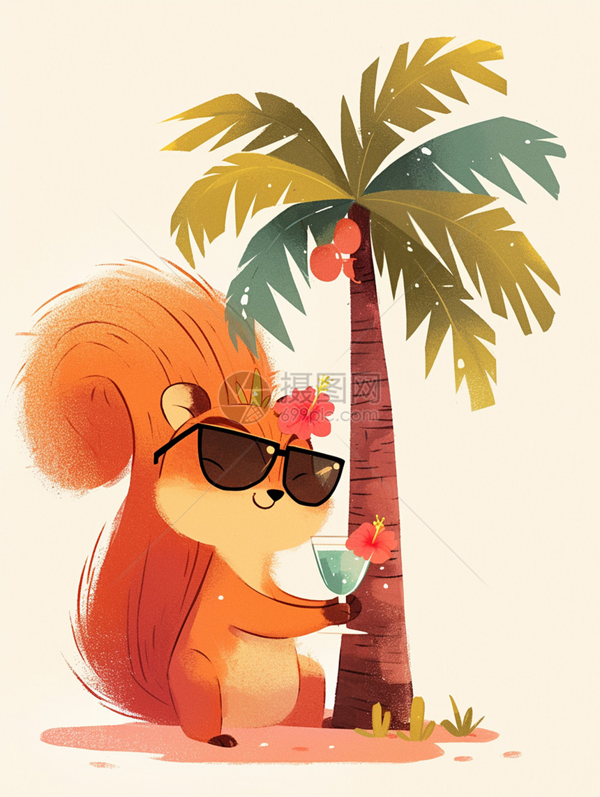在椰子树下戴墨镜喝着饮料的卡通小松鼠图片