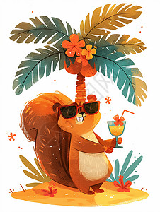 喝椰子在椰子树下戴着墨镜喝饮料的卡通小松鼠插画