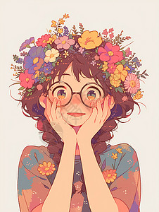 很多微笑戴着很多花朵面带微笑戴着黑框眼的卡通女孩插画