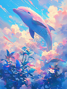 空中飞游的一只可爱的卡通海豚梦幻场景插画
