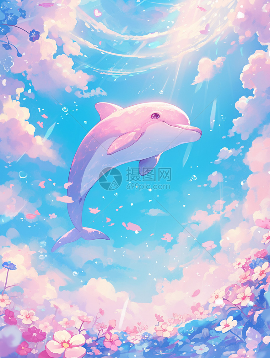 天空中飞游的一只卡通海豚梦幻场景图片