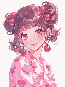 粉樱桃戴着樱桃耳饰穿着粉色花睡衣的卡通小女孩插画