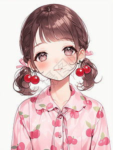 粉樱桃戴着樱桃耳饰穿着粉色睡衣的卡通小女孩插画