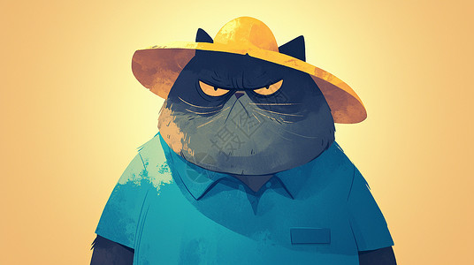 戴着救生圈猫身穿蓝色T恤戴着蓝色帽子生气的卡通猫插画