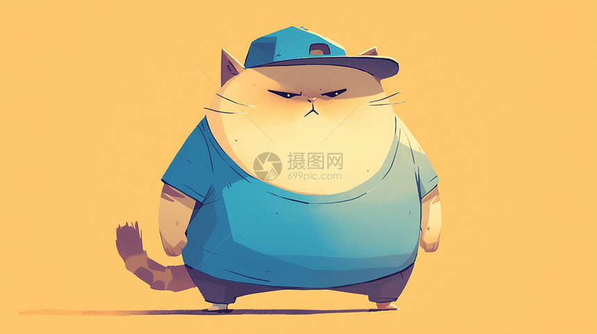 身穿蓝色T恤戴帽子生气的卡通猫图片
