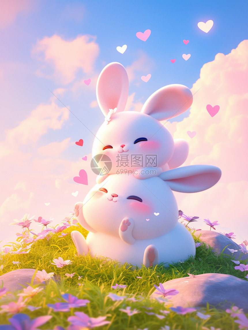 在开满花朵的山坡山玩耍的可爱卡通小兔子图片