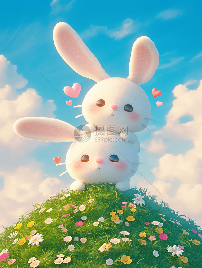 在开满花朵的山坡山可爱卡通小兔子图片
