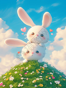 云朵可爱装饰框在开满花朵的山坡山可爱卡通小兔子插画