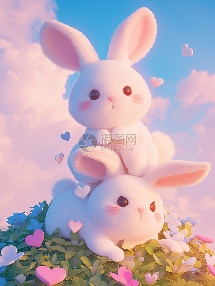 在开满花朵的山坡山玩耍的可爱卡通兔子图片