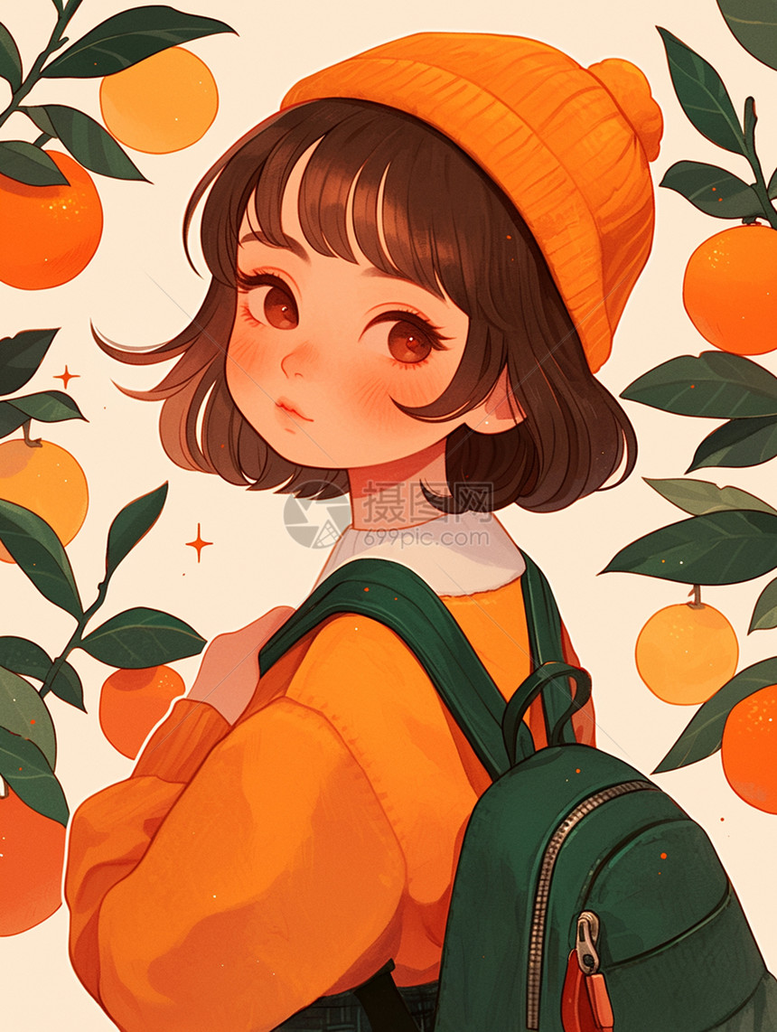 戴着帽子身穿背带裤的卡通女孩站在橙子果园中图片