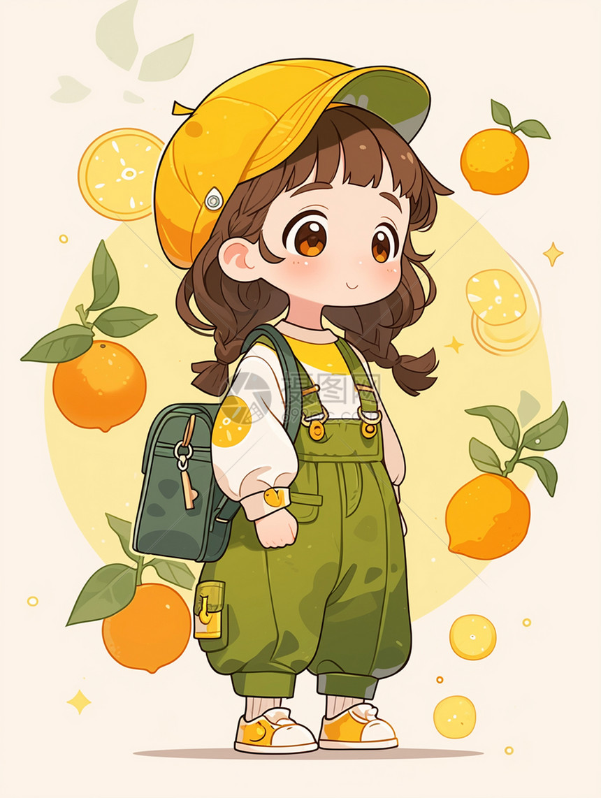 身穿背带裤的卡通女孩在橙子果园中图片