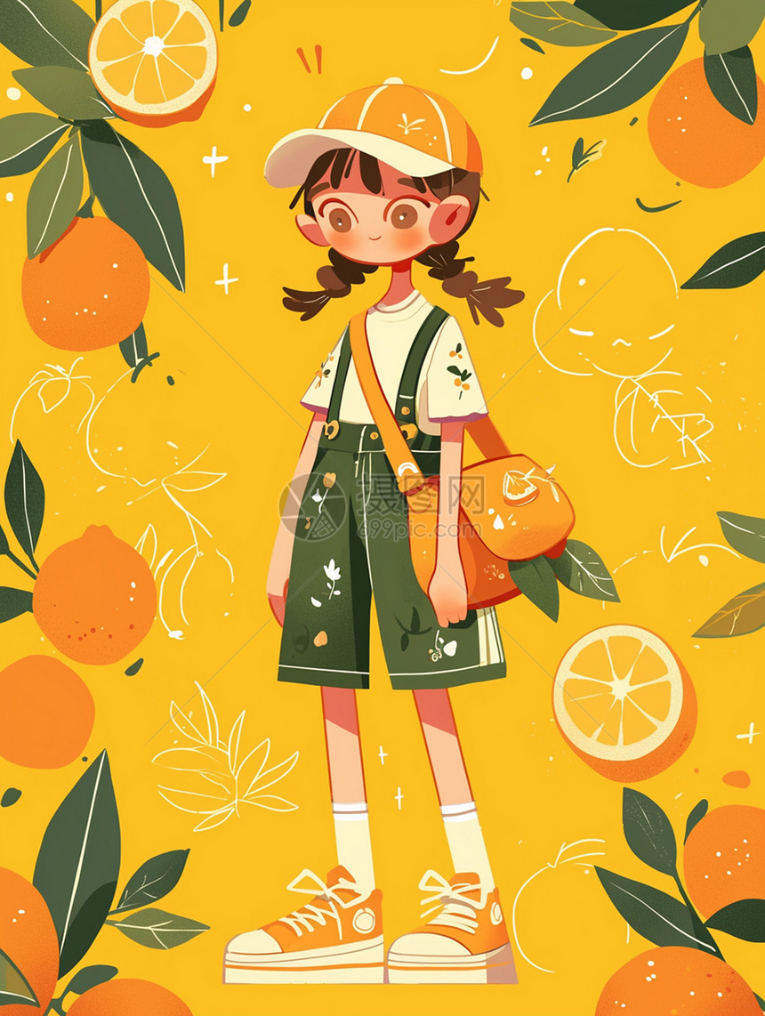 身穿背带裤的卡通小女孩在橙子果园中图片