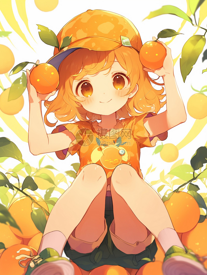 卡通小女孩与丰收的橙子图片