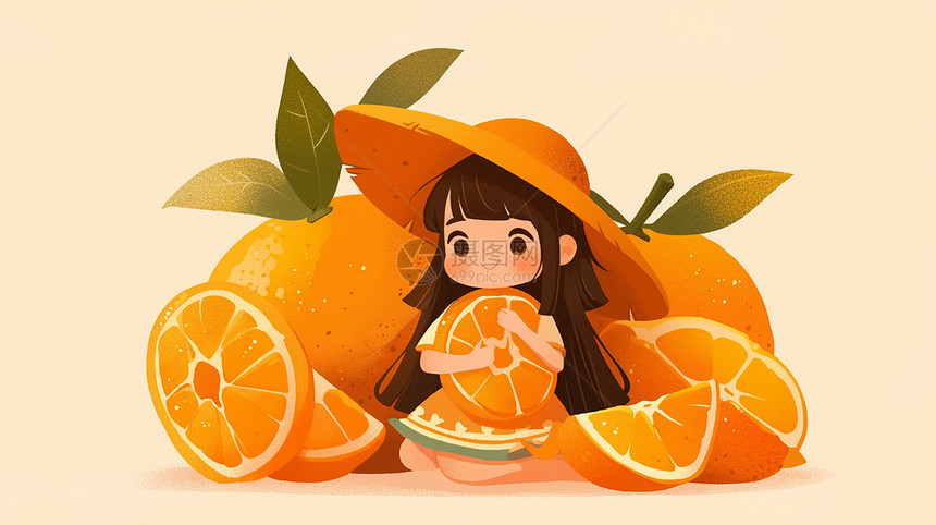可爱的卡通女孩和丰收的橙子图片
