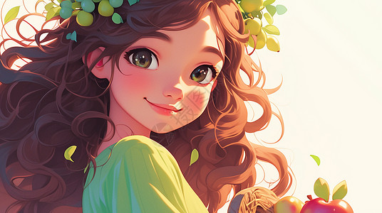 苹果美女长卷发漂亮的卡通女孩在苹果园中摘苹果插画
