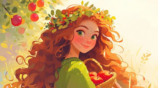 苹果美女长卷发的卡通女孩在苹果园中摘苹果插画