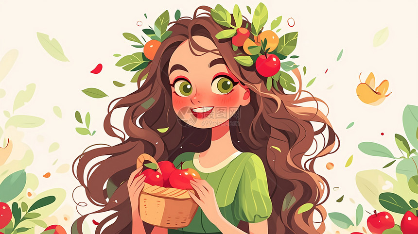 长卷发漂亮的卡通小女孩在苹果园中摘苹果图片