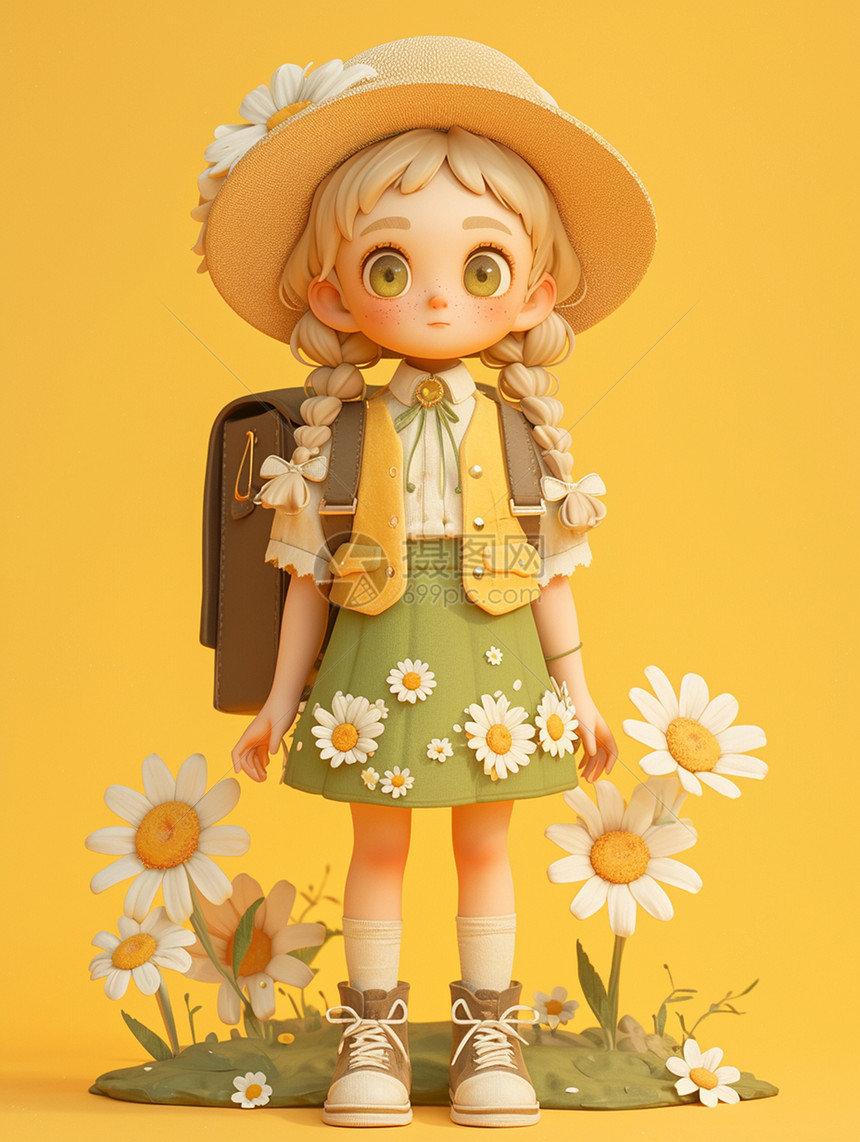 穿小雏菊碎花裙戴着草帽背着包包的可爱卡通小女孩图片