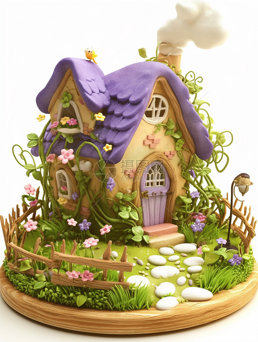 紫色屋顶黏土风卡通小房子图片