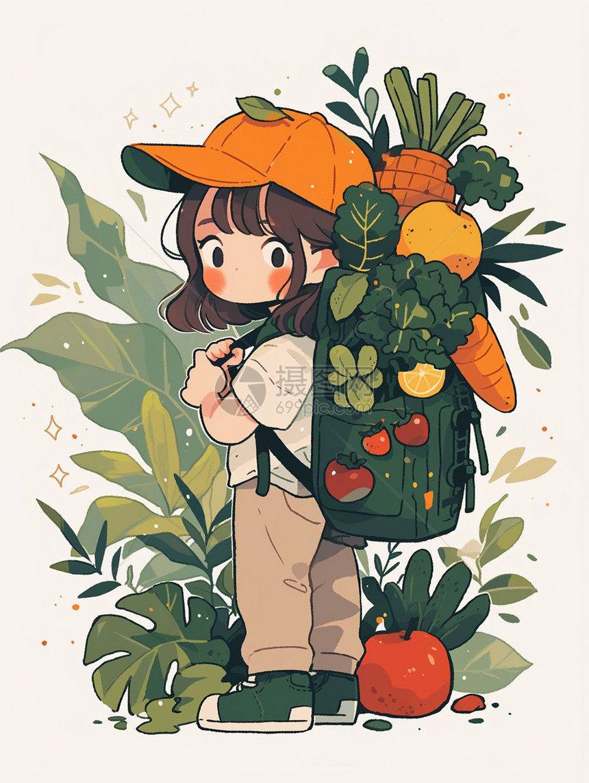身上背着大大的书包中装着很多蔬菜的可爱小女孩图片