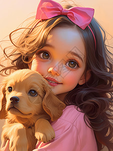 可爱的金毛犬头上戴着粉色蝴蝶结抱着金毛犬的可爱卡通女孩插画