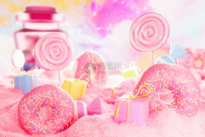 粉色棒棒糖甜甜圈儿童节场景图片