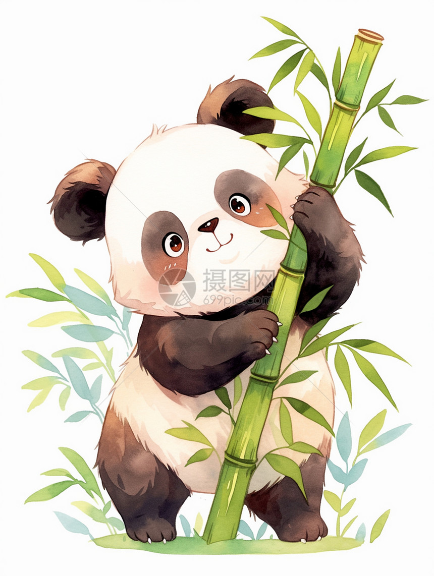 抱着竹子的可爱卡通熊猫图片