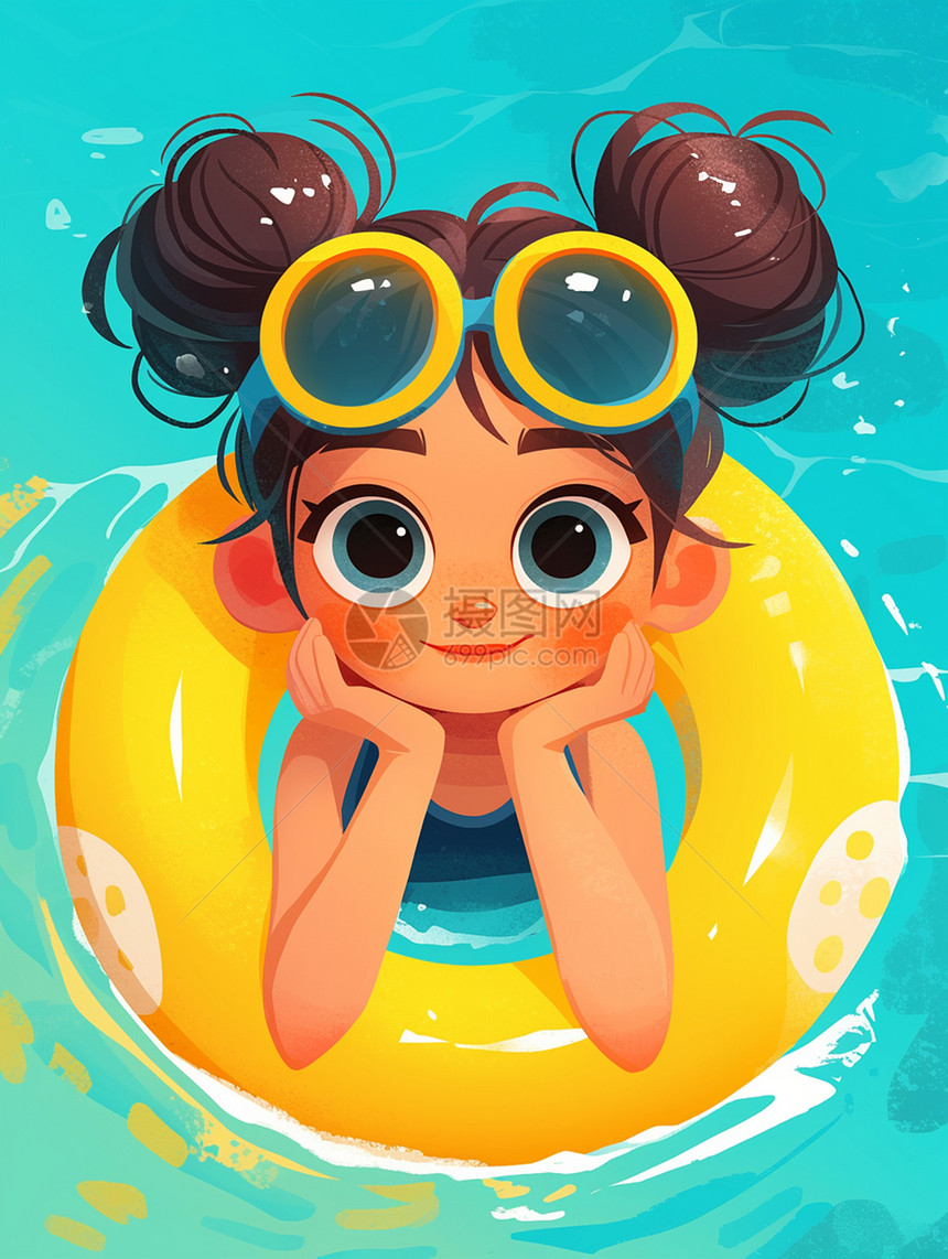 头上戴着游泳镜套黄色游泳圈在泳池游泳的卡通小女孩图片