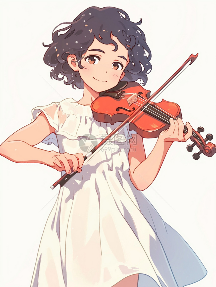 身穿白色连衣裙在拉小提琴的卡通女孩图片