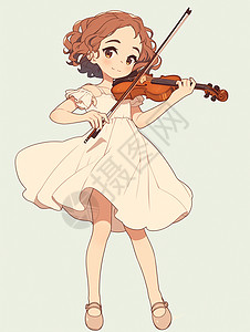 烫拉卷发穿白色连衣裙在拉小提琴的卡通女孩插画