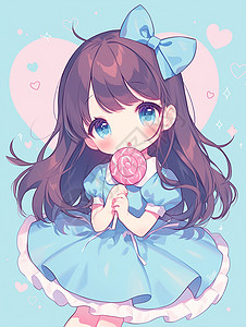 蓝色棒棒糖身穿蓝色连衣裙正在吃棒棒糖的可爱卡通女孩插画