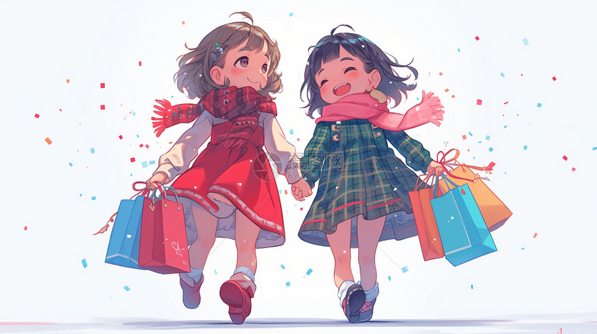 两个可爱的卡通女孩拉着手在逛街图片