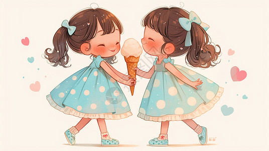 小孩吃冰激凌两个穿连衣裙的可爱卡通小女孩在一起吃一个冰激凌插画