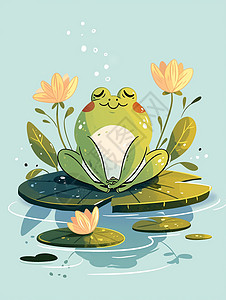蹲着的青蛙荷叶上蹲着一只可爱的卡通小青蛙插画