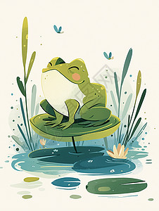 踩着荷叶在荷叶上蹲着一只卡通小青蛙插画