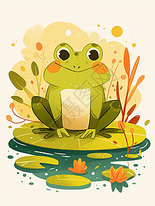 蹲着的青蛙在荷叶上蹲着一只可爱的卡通青蛙插画