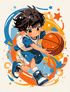 运动中的男孩正在打篮球帅气的卡通男孩插画