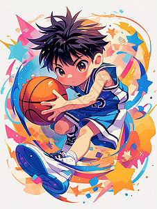 运动中的男孩正在打篮球帅气的卡通小男孩插画