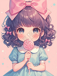 蓝色棒棒糖戴着大大的粉色蝴蝶结在吃棒棒糖的可爱卡通小女孩插画