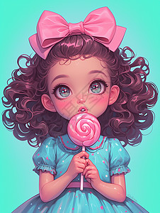 蓝色棒棒糖戴着大大的粉色蝴蝶结正在吃棒棒糖的可爱卡通小女孩插画