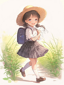 格子餐桌身穿格子半身裙戴着帽子背着书包去上学的可爱卡通小女孩插画