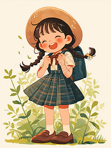 身穿格子半身裙戴着帽子背书包去上学的可爱卡通小女孩背景图片