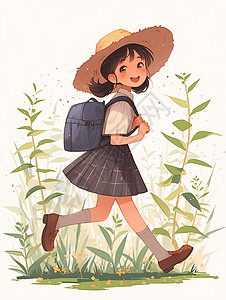 身穿格子半身裙戴着帽子背着书包去上学的卡通小女孩插画