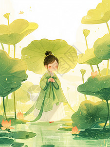 绿伞拿着大大的绿色荷叶伞的古风卡通美女插画
