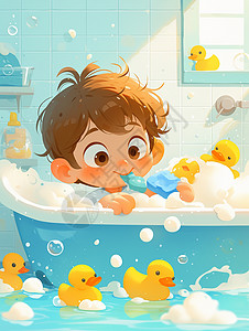 泡澡的男孩可爱的卡通小男孩在浴室泡澡插画
