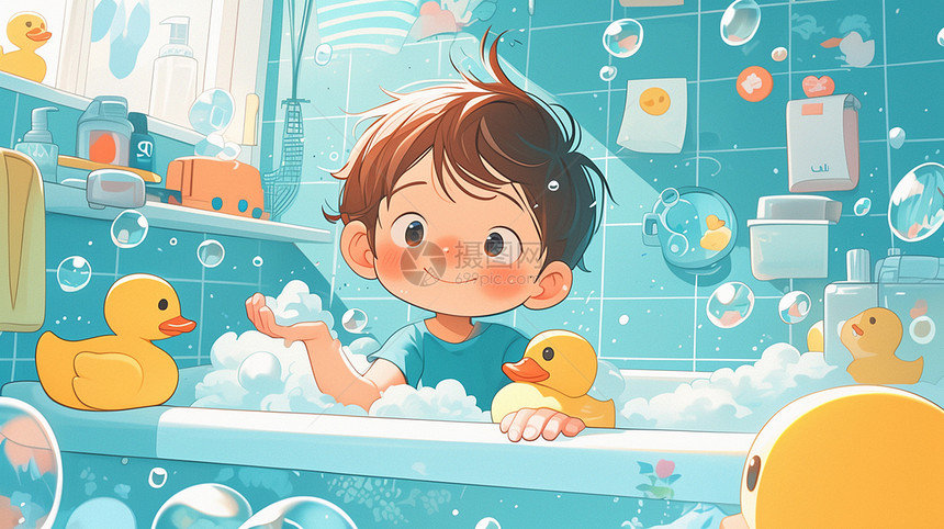 可爱的卡通小男孩在浴室洗澡图片