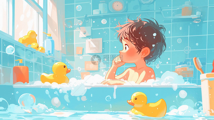 可爱的卡通小男孩在浴室开心洗澡图片