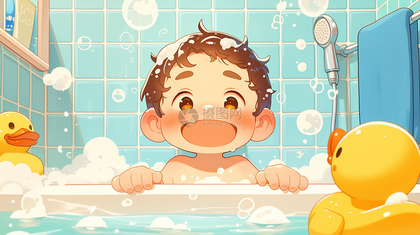 可爱的小男孩在浴室开心洗澡图片