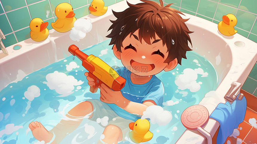 在浴室里一边泡澡一边玩水枪的可爱卡通男孩图片
