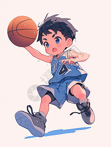 一身汗身穿一身蓝色运动装在打篮球的卡通小男孩插画